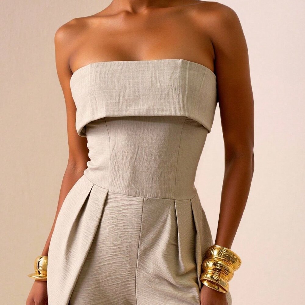Khaki Casual Women's Halter Wide Leg Jumpsuit - Picture 7 of 7